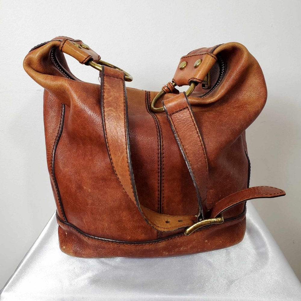 Vinrage Fossil Maddox Bucket Bag Brown Leather Slouch Shoulder Bag